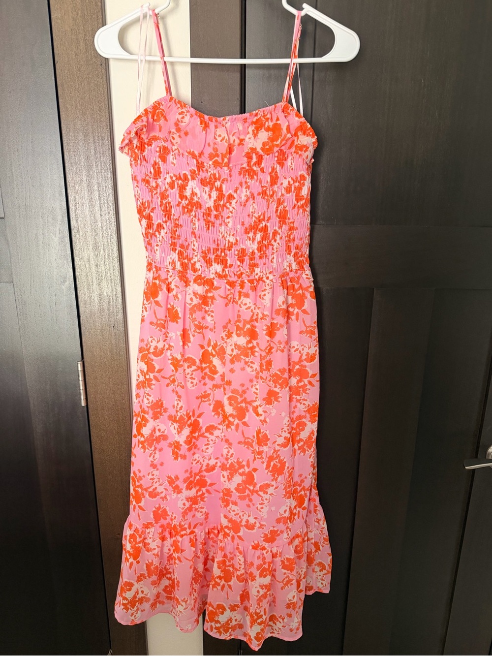 Sienna Sky Pink & Orange Floral Smocked Midi Dress